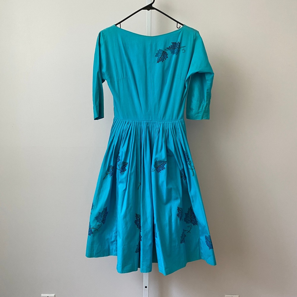 Vintage 60s Cotton Dainty Coquette Rockabilly Fit Flare Dress S‎ Blue Leaf